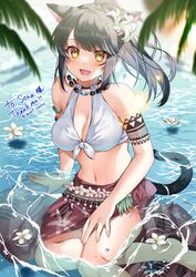  :d animal_ears arm_tattoo bare_arms bare_shoulders bikini black_hair blush breasts cat_ears cat_girl cat_tail cleavage commission facial_mark female final_fantasy final_fantasy_xiv flower hair_flower hair_ornament highres jewelry long_hair looking_at_viewer medium_breasts midriff miqo&#039;te navel necklace open_mouth original outdoors palm_leaf sarong sitting skeb_commission slit_pupils smile solo swimsuit tail tattoo tropical warrior_of_light_(ff14) water white_bikini yam_(yamap_mako) yokozuwari 