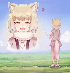  :d animal_ears brown_hair female fox_ears fox_girl fox_tail fur_collar jacy japari_symbol kemono_friends kemono_friends_3 kite kite_flying looking_at_viewer necktie open_mouth short_hair smile solo tail teeth tibetan_fox_(kemono_friends) upper_teeth_only 