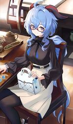  absurdres ahoge bad_id bad_twitter_id bag black_bow black_pantyhose black_shirt blue_hair bow breasts chair female frilled_shirt frilled_sleeves frills ganyu_(china_merchants_bank)_(genshin_impact) ganyu_(genshin_impact) genshin_impact glasses handbag high-waist_skirt highres horns long_hair long_skirt long_sleeves looking_at_viewer manjirou_(manji_illust) medium_breasts official_alternate_costume pantyhose purple_eyes red-framed_eyewear semi-rimless_eyewear shirt shirt_tucked_in sidelocks sitting skirt smile solo table turtleneck white_skirt 