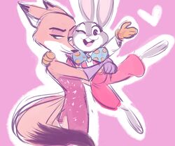  2016 absurd_res buckteeth canid canine carrying_another clothed clothing cosplay crossdressing crossover crossover_cosplay disney duo fox fully_clothed fur grey_body grey_fur heart_symbol hi_res hug irlsealpup jessica_rabbit judy_hopps lagomorph leporid mammal nick_wilde one_eye_closed open_mouth open_smile orange_body orange_fur pink_background rabbit red_fox roger_rabbit simple_background smile teeth true_fox who_framed_roger_rabbit wink zootopia 