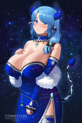  animal_ears bare_shoulders black_bow blue_dress blue_eyes blue_hair blue_pupils blush bow breasts bright_pupils cleavage closed_mouth collarbone commission cow_ears cow_girl cow_horns cow_tail cowboy_shot detached_collar detached_sleeves dress earrings english_text eyebrows_hidden_by_hair female gem glowing hand_on_own_chest highres horn_ornament horns huge_breasts indie_virtual_youtuber jewelry lace-trimmed_dress lace_trim long_sleeves looking_at_viewer medium_hair miilkywayz mole mole_under_eye mole_under_mouth nhaliz pendant plump side_slit sleeves_past_wrists smile solo sparkle star-shaped_pupils star_(symbol) strapless symbol-shaped_pupils tail thighhighs virtual_youtuber 