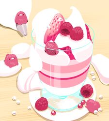  bird chai_(drawingchisanne) commentary cup food food_focus fruit highres no_humans original parfait pastry_bag raspberry strawberry sweets_bird undersized_animal whipped_cream 