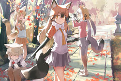  4girls animal_ears black_hair blonde_hair bow bowtie camera commentary_request extra_ears fox_ears fox_girl fox_tail fur_trim grey_hair grey_legwear grey_skirt hair_between_eyes hair_tie island_fox_(kemono_friends) jacket jacket_around_neck kemono_friends leaf long_hair looking_at_viewer maple_leaf multicolored_hair multiple_girls necktie orange_hair orange_necktie orange_pantyhose orange_shirt orange_skirt pale_fox_(kemono_friends) pantyhose pink_jacket pleated_skirt red_fox_(kemono_friends) saltlaver shirt short_hair skirt tail tibetan_fox_(kemono_friends) twintails two-tone_hair two-tone_legwear two-tone_shirt white_bow white_bowtie white_fur white_shirt 