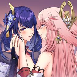  2girls animal_ears armpit_crease blue_flower bridal_gauntlets flower fox_ears genshin_impact gradient_background hair_flower hair_ornament holding_hands japanese_clothes kimono long_hair mole mole_under_eye multiple_girls pink_hair purple_background purple_eyes purple_hair purple_nails raiden_shogun sieka_(piiroinardesco) yae_miko yuri 