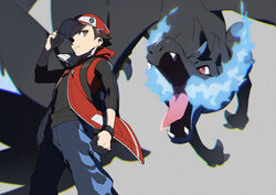  1boy bad_id bad_twitter_id badge baseball_cap black_shirt blue_fire blurry breath_weapon brown_eyes charizard clenched_hand closed_mouth coat dragon fire grey_background hand_on_headwear hat highres male_focus mega_charizard_x mega_pokemon pants pokemon pokemon_(creature) pokemon_masters_ex popped_collar red_(pokemon) red_(sygna_suit)_(pokemon) red_coat shirt short_hair sideways_glance xia_(ryugo) 