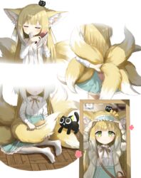  :d absurdres animal_ear_fluff animal_ears arknights arms_up bag black_cat blonde_hair blue_hairband blue_skirt blush breasts brown_ribbon brushing_hair brushing_own_hair brushing_tail closed_eyes closed_mouth commentary crossover feline female flying_sweatdrops fox_ears fox_girl fox_tail frilled_hairband frills green_eyes grey_jacket hair_brush hair_tie_in_mouth hairband heixiu highres holding holding_brush jacket kitsune long_hair long_sleeves luo_xiaohei luo_xiaohei_(cat) luo_xiaohei_zhanji mirror mouth_hold multicolored_hair neck_ribbon no_shoes notice_lines on_floor on_head open_clothes open_jacket panties pantyhose pink_panties puffy_long_sleeves puffy_sleeves reflection ribbon scrunchie shirt shoulder_bag siera_(sieracitrus) simple_background skirt small_breasts smile suzuran_(arknights) suzuran_(spring_praise)_(arknights) tail two-tone_hair underwear very_long_hair white_background white_hair white_pantyhose white_scrunchie white_shirt wooden_floor 