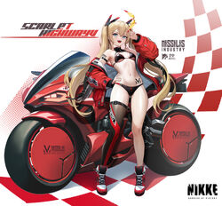  :d absurdres alternate_costume arm_strap arm_up armpits ass_visible_through_thighs asymmetrical_legwear bare_shoulders bikini black_bikini black_thighhighs blonde_hair blue_eyes blush breasts cleavage clothes_writing copyright_name dramz english_text female full_body goddess_of_victory:_nikke hair_between_eyes hand_on_own_hip hand_up headgear highres holding holding_removed_eyewear jacket laplace_(nikke) long_hair looking_at_viewer motor_vehicle motorcycle navel oerba_yun_fang off_shoulder open_mouth race_queen red_jacket shadow shoes shoulder_tattoo sidelocks single_thighhigh skin_fang small_breasts smile sneakers solo standing stomach_tattoo swimsuit tattoo thighhighs thighs twintails unworn_eyewear zipper 