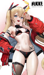  absurdres arm_strap arm_up armpits ass_visible_through_thighs bare_shoulders bikini black_bikini blonde_hair blue_eyes blush breasts clothes_writing copyright_name dramz female goddess_of_victory:_nikke hand_on_own_hip highres holding holding_removed_eyewear jacket laplace_(nikke) long_hair looking_at_viewer navel oerba_yun_fang off_shoulder open_mouth race_queen red_jacket shoulder_tattoo sidelocks single_thighhigh skin_fang small_breasts solo stomach_tattoo swimsuit tattoo thighhighs twintails unworn_eyewear zipper 