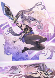  afterimage armpits artist_name ass black_dress black_footwear black_pantyhose black_ribbon breasts closed_mouth commentary cone_hair_bun double_bun dress electricity english_commentary female floating full_body genshin_impact glowing glowing_sword glowing_weapon gradient_background granblue_fantasy_(style) hair_bun hair_ribbon high_heels highres holding holding_sword holding_weapon keqing_(genshin_impact) keqing_(opulent_splendor)_(genshin_impact) long_hair looking_at_viewer looking_to_the_side medium_breasts multiple_views official_alternate_costume open_mouth outstretched_arm pantyhose pink_background pointing pointing_forward pointing_weapon purple_eyes purple_hair ribbon serious sparkle strapless strapless_dress sword totouri twintails weapon 