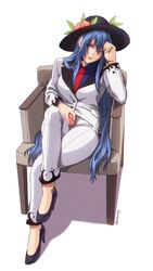  :3 absurdres alternate_costume armchair artist_name black_headwear blue_hair blue_shirt chair commentary commission crossed_legs english_commentary female food formal fruit hand_on_own_forehead high_heels highres hinanawi_tenshi holding holding_food holding_fruit leaf_hat_ornament lips long_hair looking_at_viewer necktie peach peach_hat_ornament red_eyes red_necktie sexually_suggestive shadow shirt simple_background sitting solo suit touhou ultragruntyy variant_set very_long_hair white_background white_suit 