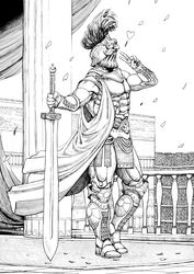  1boy armor armored_boots boots breastplate cape column commentary contrapposto covered_face english_commentary gladiator gorget greco-roman_clothes greyscale hand_up heart helmet highres holding holding_sword holding_weapon male_focus monochrome original outdoors parody pelvic_curtain petals pillar plume roman_clothes solo sword v vambraces weapon y_naf 