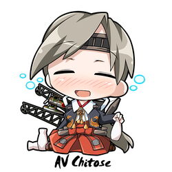  blush bubble chibi chitose_(kancolle) closed_eyes drunk facing_viewer female grey_hair hair_ribbon headband kantai_collection kneeling long_hair open_mouth ribbon rigging seaplane simple_background smile take_tonbo tokkuri 