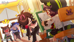  &gt;_&lt; 1boy 3girls :d arknights black_dress black_hair black_headwear black_jacket black_pants black_scarf black_shirt black_shorts blue_hair brown_hair catapult_(arknights) chair checkered_clothes checkered_scarf chibi clothes_writing colored_pencil company_name copyright_name deepcolor_(arknights) drawing dress dutch_angle flower flower_in_mouth glasses grey_hair hat highres holding holding_pencil jacket laughing midnight_(arknights) multicolored_hair multiple_girls no_shirt official_art open_clothes open_jacket orchid_(arknights) paintbrush pants pencil pink_hair pointing pose red_flower red_hair red_rose red_scarf rose scarf shirt shorts sitting smile streaked_hair sweatdrop topless_male watermark white_jacket xd yellow_eyes 