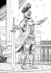  1boy armor armored_boots boots breastplate cape column commentary covered_face english_commentary gladiator gorget greco-roman_clothes greyscale helmet highres holding holding_sword holding_weapon male_focus monochrome original outdoors pelvic_curtain petals pillar plume roman_clothes solo sword vambraces weapon y_naf 