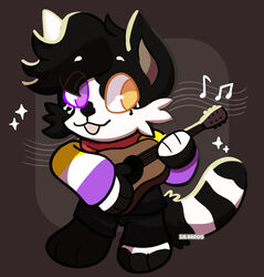  2022 3_fingers ambiguous_gender anthro biped black_body black_bottomwear black_clothing black_fur black_pants bottomwear cel_shading cheek_tuft chibi clothed clothing daww facial_tuft felid feline fingerless_(marking) fingers fully_clothed fur guitar guitarist happy heterochromia hi_res lgbt_pride mammal mottled mottled_body mottled_fur multicolored_body multicolored_clothing multicolored_fur multicolored_sweater multicolored_topwear musical_instrument musical_note nonbinary_(lore) nonbinary_pride_colors open_mouth outline pants pattern_clothing pattern_sweater pattern_topwear piebald piebald_body piebald_fur playing_guitar playing_music plucked_string_instrument pride_color_clothing pride_color_sweater pride_color_topwear pride_colors purple_clothing purple_eyes purple_topwear shaded silvaroohub simple_background simple_shading solo sparkles standing string_instrument striped_clothing striped_sweater striped_topwear stripes sweater topwear tuft two_tone_body two_tone_fur two_tone_tail watermark white_body white_clothing white_fur white_topwear yellow_clothing yellow_eyes yellow_topwear 