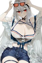  :o absurdres adjusting_eyewear arknights armpits arms_up bikini bikini_top_only blue_shorts blush breasts cleavage commentary cowboy_shot eyewear_on_head female front-tie_bikini_top front-tie_top highres kajuu large_breasts long_hair looking_at_viewer off-shoulder_shirt off_shoulder official_alternate_costume open_clothes open_shirt orange-tinted_eyewear orca_hair_ornament red_eyes shirt shorts skadi_(arknights) skadi_(waverider)_(arknights) solo sunglasses swimsuit thigh_strap tinted_eyewear white_bikini white_hair white_shirt 