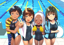  4girls :d ;d ^_^ absurdres bad_source black_hair black_one-piece_swimsuit blue-framed_eyewear blue_jacket blue_ribbon blue_sailor_collar blush bob_cut bow bow_hairband breast_pocket breasts brown_eyes brown_hair caustics closed_eyes closed_mouth collarbone competition_school_swimsuit competition_swimsuit covered_navel covered_nipples cowboy_shot dark-skinned_female dark_skin double-parted_bangs facing_viewer flat_chest flippers flower forehead foreshortening goggles goggles_around_neck hair_between_eyes hair_bobbles hair_flower hair_ornament hair_over_shoulder hair_ribbon hairband happy head_tilt high_ponytail highres holding holding_kickboard jacket jersey lane_line lineup long_hair long_sleeves looking_at_viewer low_twintails lower_teeth_only medium_breasts medium_hair multiple_girls oerba_yun_fang okuzawa_chieri old_school_swimsuit one-piece_swimsuit one-piece_tan one_eye_closed open_clothes open_jacket open_mouth open_shirt orange_eyes outstretched_arm over_shoulder parted_bangs pocket ponytail pool poolside popped_collar red_eyes red_flower ribbon saginuma_mia_charlotte sailor_collar sailor_shirt school_swimsuit school_uniform shiden_(sashimi_no_wife) shirt short_hair short_sleeves sideboob sidelocks single_vertical_stripe sleeves_pushed_up small_breasts smile standing straight-on straight_hair swept_bangs swimsuit swimsuit_under_clothes tan tanlines teeth thighs tile_floor tiles todoroki_kanae tomboy track_jacket tsunashima_makoto twintails upper_teeth_only v v-shaped_eyebrows water wet_girls white_hair white_shirt yellow_bow yellow_hairband 