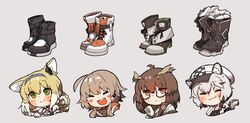  4girls :3 ahoge amonitto animal_ears arknights blonde_hair boots brown_eyes brown_hair cliffheart_(arknights) commentary earpiece feather_hair feathers fox_ears glasses green_eyes grey_hair hairband hat highres mayer_(arknights) multiple_girls short_hair_with_long_locks silence_(arknights) suzuran_(arknights) tail 