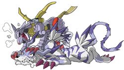  angry bandai_namco bone canid canine cybernetics cyborg digimon digimon_(species) duo feral fight garurumon hi_res machine mammal metalgarurumon portugueselynx sharp_teeth teeth 