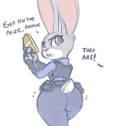  2018 anthro ass big_butt brachyzoid buckteeth clothed clothing dialogue digital_media_(artwork) disney english_text female fully_clothed fur grey_body grey_fur holding_object holding_weapon judy_hopps lagomorph leporid looking_back mammal offscreen_character open_mouth purple_eyes rabbit scut_tail short_tail simple_background solo tail teeth text thick_thighs weapon white_background wide_hips zootopia 