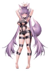  :o absurdres animal_ear_fluff animal_ears armpits arms_up barefoot black_nails blunt_bangs blush braid breasts double_v female full_body guild_cq highres hot_limit large_breasts long_hair looking_at_viewer millet_(milletneko) nail_polish open_mouth purple_eyes purple_hair quon_tama revealing_clothes side_braid simple_background skindentation solo standing t.m.revolution tail transparent_background twintails underboob v very_long_hair virtual_youtuber 