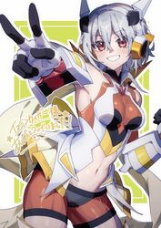  blush breasts cosplay eyelashes female grey_hair happy headgear highres looking_at_viewer midriff navel original red_eyes senki_zesshou_symphogear short_hair smile solo standing tachibana_hibiki_(symphogear) tachibana_hibiki_(symphogear)_(cosplay) translation_request v yukitsuba_hina 