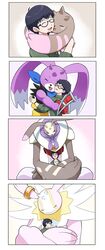  angel anthro antylamon bandai_namco beady_eyes black_hair blush brown_body brown_fur cherubimon cherubimon_(good) digimon digimon_(species) digimon_survive digital_media_(artwork) duo_focus evolutionary_family eyewear fur glasses group hair hi_res horn hsnkz809 hug human lagomorph leporid long_ears lopmon lopmon_(survive) male mammal pink_body rabbit shuuji_kayama turuiemon 