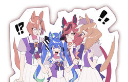  ! !! !? 4girls animal_ears blue_eyes blue_hair brown_hair cabbie_hat cup ear_covers food glasses hair_ornament hairclip hat heterochromia highres holding holding_cup holding_food horse_ears horse_girl horse_tail ice_cream ikuno_dictus_(umamusume) jitome long_hair matikane_tannhauser_(umamusume) mayana_(bbpp) multicolored_hair multiple_girls nice_nature_(umamusume) open_mouth purple_eyes purple_shirt red_hair round_eyewear sailor_collar school_uniform sharp_teeth shirt skirt stiff_tail streaked_hair surprised sweatdrop tail tearing_up teeth tracen_school_uniform twin_turbo_(umamusume) twintails umamusume upper_body white_skirt wide-eyed 