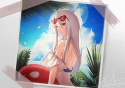  ahoge arknights bare_back bare_shoulders black_choker blue_sky breasts chinese_commentary choker chongyangqi_echo commentary eyewear_on_head female from_side hair_between_eyes hair_ornament highres infection_monitor_(arknights) long_hair looking_ahead looking_to_the_side medium_breasts off-shoulder_shirt off_shoulder official_alternate_costume orca_hair_ornament outdoors palm_tree parted_lips photo_(object) red_eyes shirt signature skadi_(arknights) skadi_(waverider)_(arknights) sky solo stuffed_animal stuffed_orca stuffed_toy sunglasses swimsuit tree upper_body white_hair white_shirt 