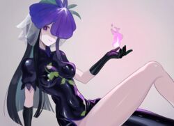  adapted_costume black_hair bodysuit breasts china_dress chinese_clothes dress elbow_gloves feet_out_of_frame female fire flower flower_on_head gloves gradient_background highres latex latex_bodysuit leaf_print long_hair looking_at_viewer orchid purple_eyes raftetram smile solo thighs touhou veil vine_print yomotsu_hisami 