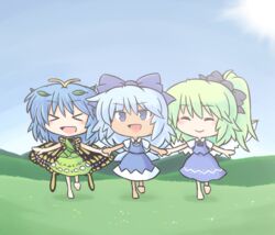  &gt;_&lt; 216 3girls antennae aqua_hair barefoot blue_bow blue_dress blue_eyes blue_hair blue_skirt blue_vest bow butterfly_wings cirno closed_eyes closed_mouth collared_shirt daiyousei dress eternity_larva fairy fairy_wings full_body green_dress green_hair hair_between_eyes hairbow ice ice_wings insect_wings leaf leaf_on_head long_hair multicolored_clothes multicolored_dress multiple_girls open_mouth puffy_short_sleeves puffy_sleeves shirt short_hair short_sleeves skirt smile tanned_cirno touhou vest white_shirt wings 