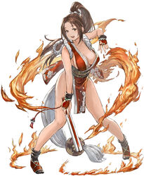  :d arm_guards arm_up bare_arms bare_legs black_legwear breasts brown_eyes brown_hair cleavage collarbone fatal_fury female fighting_stance fire full_body granblue_fantasy_(style) hair_between_eyes high_ponytail holding iwauchi_tomoki japanese_clothes kimono large_breasts leaning_forward legs_apart long_hair looking_at_viewer obi open_mouth photoshop_(medium) red_kimono ribbon rope sash shimenawa shiranui_mai sidelocks simple_background sleeveless sleeveless_kimono smile solo standing tassel the_king_of_fighters white_background white_ribbon 