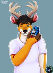  anthro antlers art_miep black_hair clothed clothing deer digital_media_(artwork) fingers freddiethedeer front_view fully_clothed hair half-length_portrait holding_object holding_toy_vehicle hooved_fingers hooves horn male mammal mattel one_eye_closed portrait simple_background solo standing thomas_and_friends thomas_the_tank_engine wink 