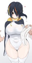  arm_at_side black_hair breasts brown_eyes cardigan closed_mouth covered_navel curvy disembodied_hand drawstring dripping emperor_penguin_(kemono_friends) eyelashes eyes_visible_through_hair female gradient_background groin hair_over_one_eye hand_on_own_chest hand_up head_tilt headphones heart highleg highleg_leotard highres holding holding_towel hood hood_down hooded_cardigan kakanashi1 kemono_friends large_breasts leotard long_sleeves looking_at_viewer medium_hair multicolored_hair open_cardigan open_clothes parted_bangs pov red_hair smile socks solo_focus streaked_hair taut_clothes taut_leotard thigh_gap thighhighs towel two-tone_hair wet wet_clothes wet_face wet_hair white_leotard 