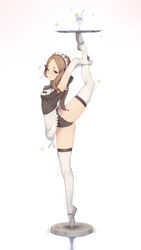  absurdres alternate_costume apron arabesque_(pose) ballet_slippers black_bow black_dress blue_eyes blush bow breasts breath brown_hair cameltoe commentary cup dress drinking_glass elbow_gloves en_pointe english_commentary enmaided fate/grand_order fate_(series) female flexible frilled_apron frills full_body gloves groin_tendon highres leg_hold leg_lift leg_up legs leonardo_da_vinci_(fate) leonardo_da_vinci_(rider)_(fate) long_hair maid maid_apron maid_headdress parted_bangs rou_(rou22) short_dress simple_background sleeveless sleeveless_dress small_breasts smile solo sparkle split standing standing_on_one_leg standing_split sweat thighhighs thighs tiptoes tray trembling waist_apron white_apron white_background white_gloves white_thighhighs 