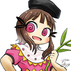  @_@ black_hat brown_hair chamaji commentary female hat holding holding_plant looking_at_viewer lowres myouga_(plant) nishida_satono open_mouth plant profile_picture short_hair short_hair_with_long_locks short_sleeves signature smile solo tate_eboshi touhou upper_body white_background 