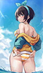  absurdres aqua_eyes ass back bare_shoulders bikini bird black_hair blue_sky blush bow breasts cloud day female from_behind hairband highres hololive hood hooded_jacket jacket large_breasts looking_at_viewer looking_back multicolored_clothes multicolored_jacket off_shoulder oozora_subaru oozora_subaru_(hololive_summer_2019) open_clothes open_jacket outdoors parted_lips polka_dot polka_dot_bow short_hair sky solo striped_bikini striped_clothes swimsuit virtual_youtuber wading water wszkii yellow_bikini 