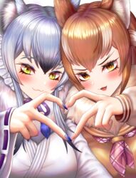  2girls :3 absurdres animal_ear_fluff animal_ears blush bone_necklace breasts brown_eyes brown_hair closed_mouth extra_ears forked_eyebrows fur_collar glowing glowing_hair grey_hair hair_between_eyes heart heart_hands heart_hands_duo highres japanese_wolf_(kemono_friends) kemono_friends kemono_friends_3 long_hair long_sleeves looking_at_viewer makami_(kemono_friends) multicolored_hair multiple_girls neckerchief neukkom oerba_yun_fang open_mouth plaid_neckerchief short_hair_with_long_locks smile two-tone_hair white_hair wolf_ears wolf_girl yellow_eyes 