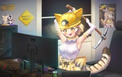  absurdres arms_up blackbuck_(kemono_friends) blonde_hair blush bow bowtie breasts brown_eyes brown_hair commission computer_keyboard computer_mouse elbow_gloves female gloves headlamp helmet highres holding holding_pickaxe indoors kemono_friends kemono_friends_3 large_breasts monitor monster_energy neukkom oerba_yun_fang open_mouth pickaxe sand_cat_(kemono_friends) shirt short_hair skirt sleeveless sleeveless_shirt smile solo tail white_hair white_shirt 