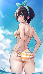  absurdres aqua_eyes ass back bare_shoulders bikini bird black_hair blue_sky blush bow breasts cloud day female from_behind hairband highres hololive large_breasts looking_at_viewer looking_back oozora_subaru oozora_subaru_(hololive_summer_2019) outdoors parted_lips polka_dot polka_dot_bow short_hair sky solo striped_bikini striped_clothes swimsuit virtual_youtuber wading water wszkii yellow_bikini 