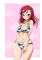  animal_print bikini border breasts cloud_background commentary cow_print cowboy_shot female highres large_breasts long_hair looking_at_viewer love_live! love_live!_school_idol_project medium_breasts nishikino_maki pink_background purple_eyes red_hair solo swimsuit white_bikini white_border yatarou_(rapidrabbit) 