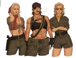  3girls abs ammunition_belt aviator_sunglasses belt black_belt black_gloves black_sports_bra blonde_hair blue_eyes blue_eyeshadow bow bowtie breasts brown_hair brown_shirt cigar cleavage commentary cropped_legs crossed_arms earrings eyepatch eyeshadow fingerless_gloves front-tie_top genderswap_(mtf) gloves green_pants green_shorts grey_hair gun handgun highres holstered hoop iba_(kcokaine) jewelry kazuhira_miller large_breasts lipgloss lipstick long_hair makeup mature_female medium_hair metal_gear_(series) metal_gear_solid_v:_the_phantom_pain midriff military military_uniform mole mole_under_eye mullet multiple_girls multiple_scars muscular muscular_female one-eyed pants red_gloves red_scarf revolver_ocelot rule_63 scar scar_on_stomach scarf shirt shorts sleeves_pushed_up smoke smoking sports_bra stud_earrings sunglasses symbol-only_commentary uniform venom_snake weapon yellow_bow yellow_bowtie 