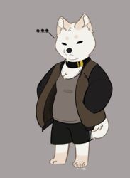  anthro bottomwear canid canine canis closed_eyes clothing coat collar curled_tail domestic_dog eyes_always_closed fur hands_in_both_pockets hi_res male mammal possumgod rico_(possumgod) shiba_inu shirt shorts slightly_chubby slightly_chubby_anthro slightly_chubby_male solo spitz stocky tail tan_body tan_fur tank_top topwear white_body white_fur 