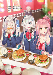  3boys 3girls :d ^_^ amakusa_shirou_(fate) anastasia_(fate) aqua_eyes billy_the_kid_(fate) blazer blue_jacket blurry blurry_background blush bow breasts burger cellphone closed_eyes collared_shirt commentary contemporary cup disposable_cup dress_shirt eating fate/apocrypha fate/grand_order fate_(series) food french_fries fuuma_kotarou_(fate) hair_over_one_eye hairband hairbow highres jacket ketchup long_hair long_sleeves marie_antoinette_(fate) medb_(fate) medium_breasts multiple_boys multiple_girls open_clothes open_jacket open_mouth phone pink_hair plate red_bow redrop school_uniform shirt side_ponytail sitting smile table tray twintails very_long_hair white_hair white_shirt yellow_eyes 