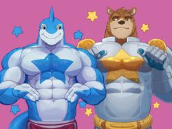  2023 4:3 4_fingers abs anthro armor bear belt biceps blue_body blue_eyes blue_scales blue_star bottomwear brown_bear brown_body brown_eyes brown_fur chest_markings claws clothed clothing cuirass deltoids duo fin finger_claws fingers fish fur gesture hand_gesture head_fin hi_res looking_at_another male mammal marine markings multicolored_body multicolored_scales muscular muscular_anthro muscular_male navel pecs pink_background pointing pointing_at_self red_bottomwear red_clothing red_shorts scales shark shorts silver_(metal) silver_armor simple_background spaulder star_(marking) taetae topless two_tone_body two_tone_scales ursine vambrace white_body white_scales yellow_sclera yellow_star 