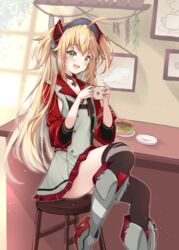  :d admiral_hipper_(azur_lane) ahoge armband armpit_cutout azur_lane bar_stool black_thighhighs blonde_hair blush boots burger buttons choker clothing_cutout coffee_mug commentary_request counter cross cup double-breasted dress elbow_sleeve female flat_chest food green_eyes grey_dress grey_footwear hair_between_eyes headgear highres holding holding_cup indoors iron_cross knee_boots long_hair looking_at_viewer mikuchi3939 mole mole_under_eye mug open_mouth panties pantyshot red_sleeves rudder_footwear shadow sidelocks sitting smile solo stool teeth thighhighs two_side_up underwear upper_teeth_only window 