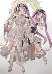  2girls absurdres clothing_cutout dated dress euryale_(fate) euryale_(third_ascension)_(fate) fate/grand_order fate/hollow_ataraxia fate_(series) frilled_hairband frills hairband halo highres jewelry locked_arms md5_mismatch multiple_girls nao_(syn_eaa) navel navel_cutout panties purple_eyes purple_hair resolution_mismatch sandals siblings signature sisters smile source_larger stheno_(fate) stheno_(third_ascension)_(fate) thumb_ring twintails underwear 