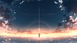  chinese_commentary cloud commentary_request facing_back female highres horizon instrument lens_flare original outdoors reflection ripples rune_xiao scenery skirt sky solo standing star_(sky) starry_sky sunset water water_world 