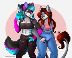  5:4 anthro bottomwear bright_eyes canid canine canis clothing denim denim_bottomwear denim_clothing duo female grey_body hair jeans long_hair mammal open_mouth open_smile pants red_hair renita shirt shy_smile smile t-shirt topic topwear undershirt volodyanocturne walking wolf yozora 