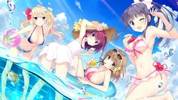  4girls :o arimura_romi armpits ball beachball bent_over bikini bikini_skirt blonde_hair blue_bikini blue_eyes blush breasts brown_hair butterflyfish crystal_earrings cup day denim denim_shorts dress drink drinking drinking_glass drinking_straw drinking_straw_in_mouth earrings einstein_yori_ai_wo_komete eyewear_on_head fish flower game_cg green_eyes hair_bun hair_flower hair_ornament hairclip halterneck hat hat_flower hibiscus high_ponytail highres holding holding_ball holding_drink holding_shell innertube jewelry kimishima_ao large_breasts light_rays long_hair looking_at_viewer looking_back multiple_girls navel nishino_kasumi nitta_shinobu one_eye_closed open_fly open_mouth outdoors partially_underwater_shot pink_bikini polka_dot polka_dot_bikini purple_eyes red_hair sakashita_iina seashell shell short_shorts shorts single_side_bun smile splashing standing strap_gap straw_hat striped_bikini striped_clothes sun_hat sundress sunglasses swim_ring swimsuit tropical_fish twintails wading water white_dress x_hair_ornament 